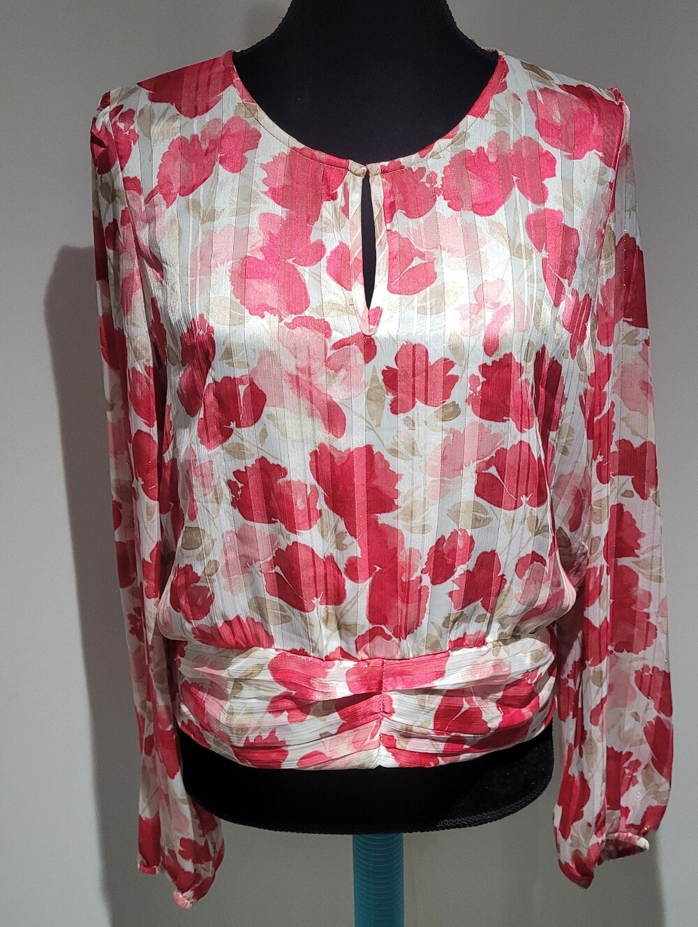 Autres Filles Women’s Floral Long-Sleeve Blouse Large Pink White Gold Metallic